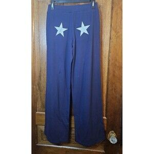 HeSaYep Womens M Navy Star Wide Leg Lounge Sweatpants Trendy Drawstring New